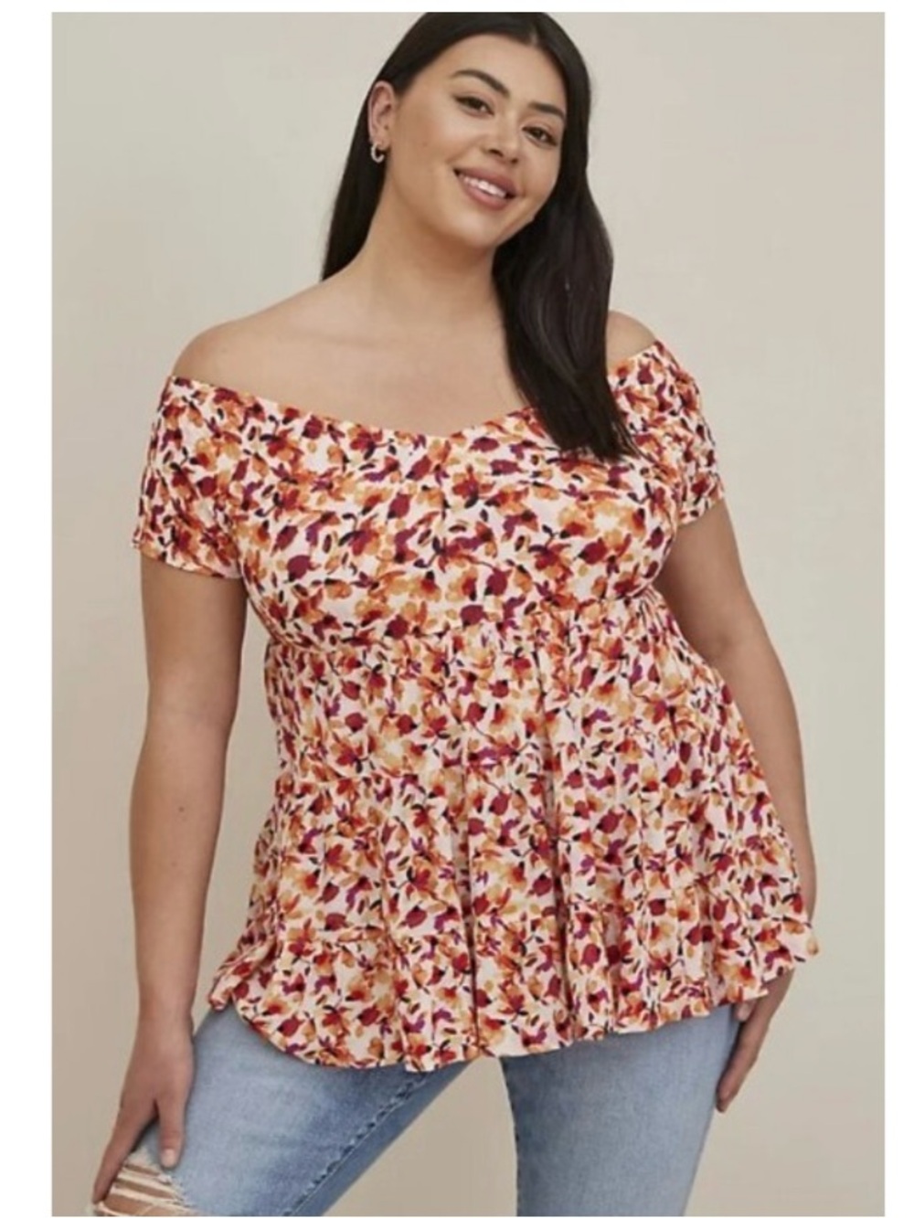 Torrid Floral Crinkle Gauze Babydoll Mixed Knit Smocked Shirt White 1X